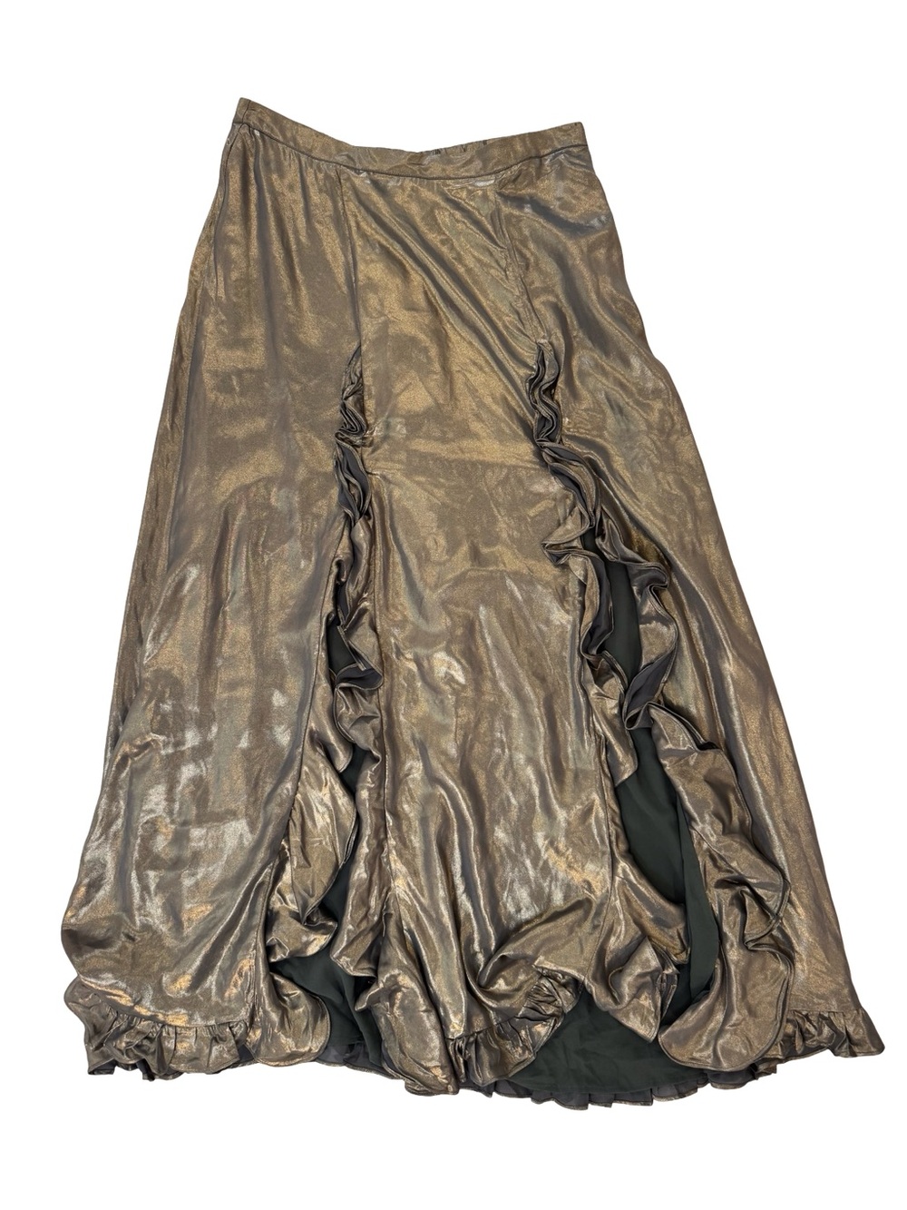 Anthropologie Metallic Olive Ruffle-Trim Maxi Skirt - Picture 6 of 12